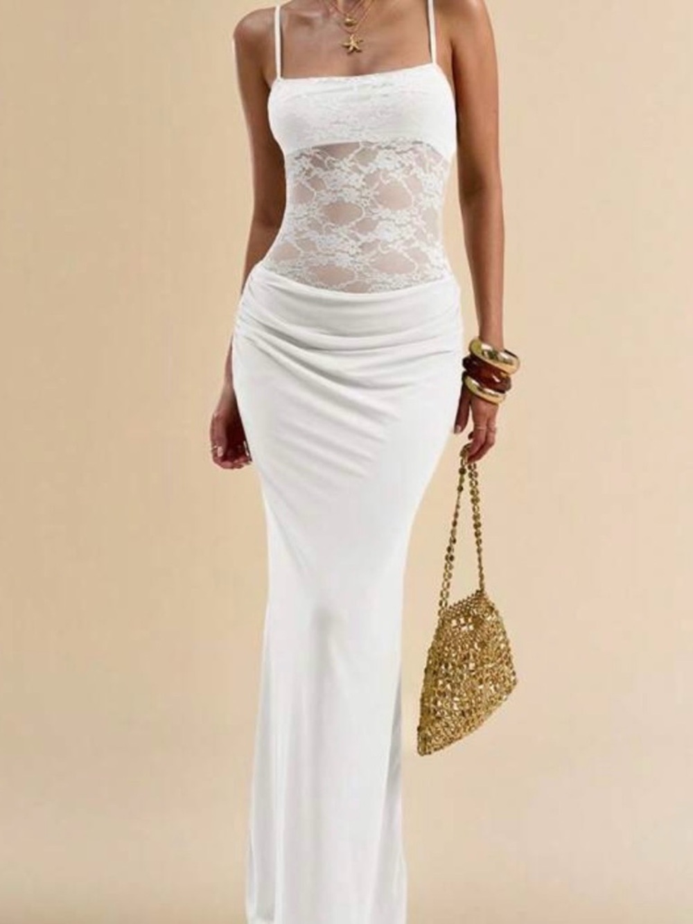 NEW!White Lace-Front Maxi Skirt - Elegant Women's Long Skirt